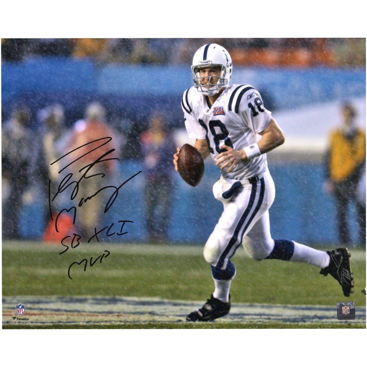 "SB Indianapolis with XLI Super Bowl MVP" Authentic 20" Photograph Autographed 16" x XLI Certified Fanatics Manning Peyton Rain Inscription - Colts